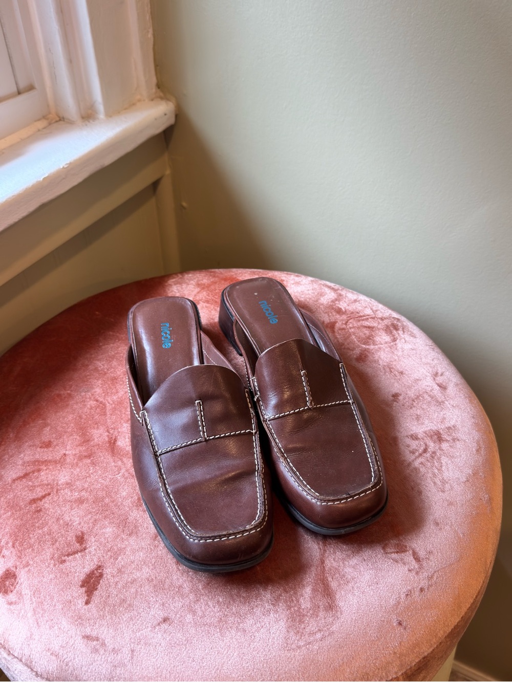 Nicole Brown Leather Slip-On Loafer Mules